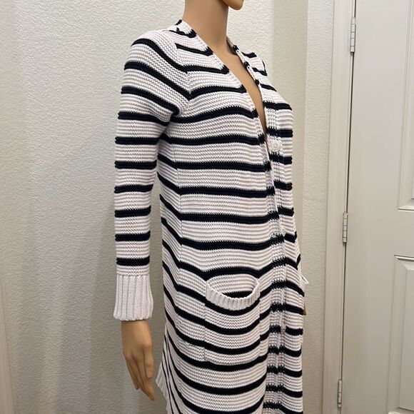 Reaction Kenneth Cole Sweater Black White Stripe Button Front Pockets 💯% Cotton - Picture 4 of 10